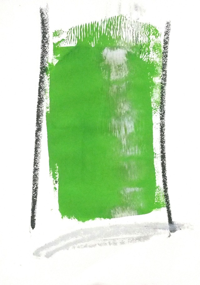 Inna Perkas: 728 (im Bilde / to be in the picture) : Teil 4. – Cottbus, 2018. – 1 Unikat (Linoldruckfarbe, Ölstift, Fineliner auf Papier). – handsigniert : farbig ; 29,5 x 21 cm